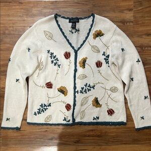 Vintage Floral Embroidered Crochet Cardigan Granniecore Cotton Knit Sweater